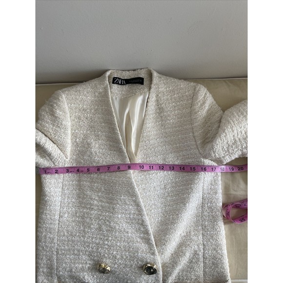 ZARA White & Gold Tweed Textured Double Breasted Jacket  Blazer Frock Coat XS - Picture 6 of 7